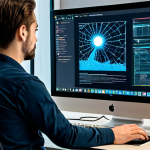 A professional software developer, fully clothed in smart-casual attire, is intensely looking at a split-screen computer monitor. The left screen vividly shows a web application with a visibly frozen or glitching interface, indicated by pixelation and a stuck loading spinner. In stark contrast, the right screen displays the same web application with a fluid, responsive user interface, where elements move smoothly and seamlessly, highlighting efficient background processes. The setting is a modern, well-lit tech office. This image should have perfect anatomy, correct proportions, a natural pose, well-formed hands, proper finger count, and natural body proportions. The style is professional photography, high-quality, safe for work, appropriate content, and fully clothed.