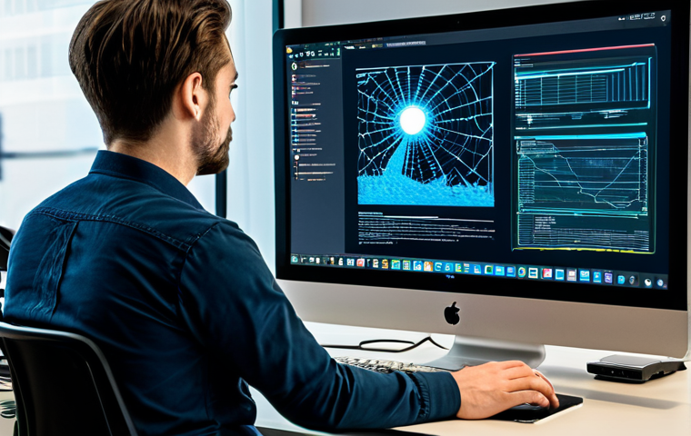 A professional software developer, fully clothed in smart-casual attire, is intensely looking at a split-screen computer monitor. The left screen vividly shows a web application with a visibly frozen or glitching interface, indicated by pixelation and a stuck loading spinner. In stark contrast, the right screen displays the same web application with a fluid, responsive user interface, where elements move smoothly and seamlessly, highlighting efficient background processes. The setting is a modern, well-lit tech office. This image should have perfect anatomy, correct proportions, a natural pose, well-formed hands, proper finger count, and natural body proportions. The style is professional photography, high-quality, safe for work, appropriate content, and fully clothed.