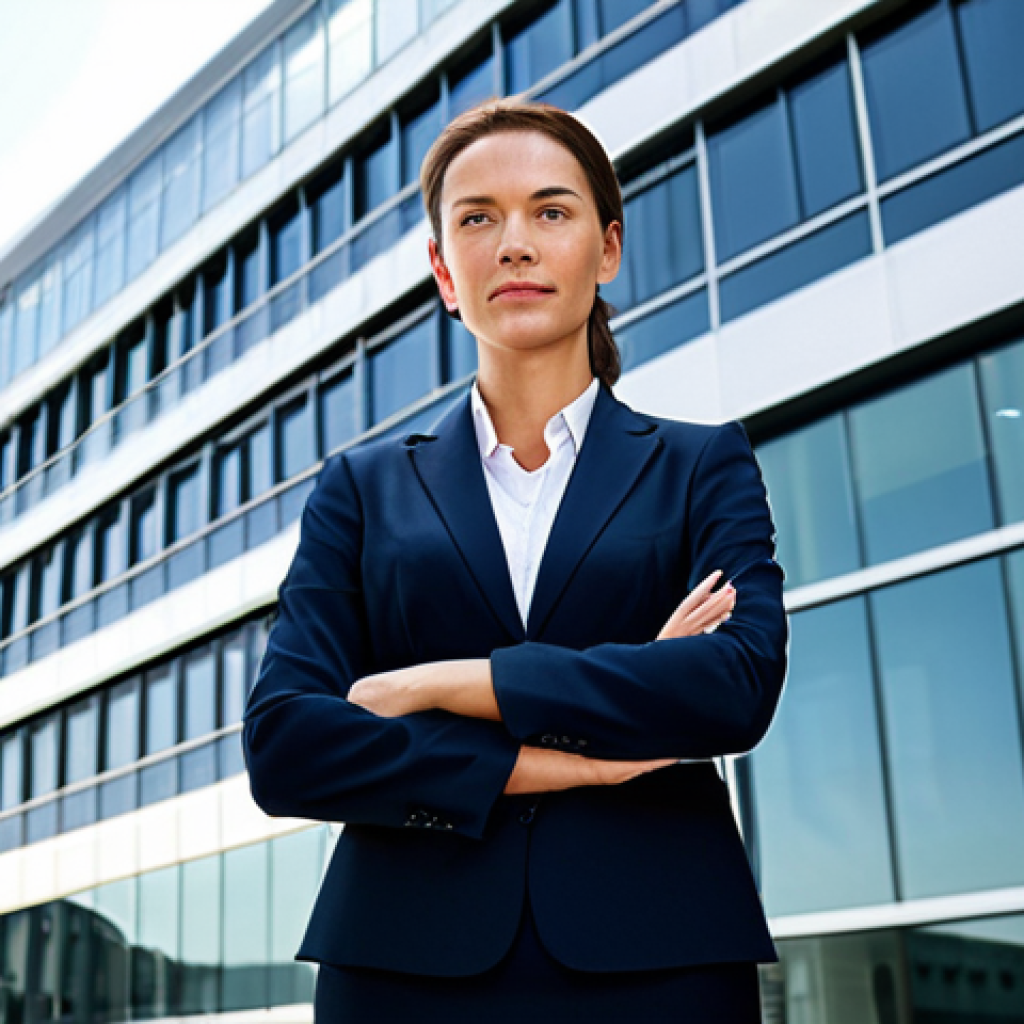 **

A professional businesswoman in a modest business suit, standing confidently in front of a modern office building, fully clothed, appropriate attire, safe for work, perfect anatomy, natural proportions, professional photography, high quality, corporate setting, natural lighting.

**