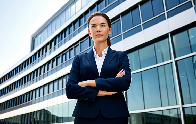 **

A professional businesswoman in a modest business suit, standing confidently in front of a modern office building, fully clothed, appropriate attire, safe for work, perfect anatomy, natural proportions, professional photography, high quality, corporate setting, natural lighting.

**