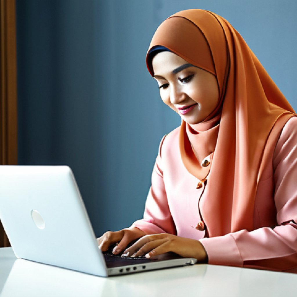 "A professional Malaysian businesswoman in a modest baju kurung, working on a laptop in a modern Kuala Lumpur office, fully clothed, appropriate attire, safe for work, perfect anatomy, natural proportions, professional photography, high quality, family-friendly."