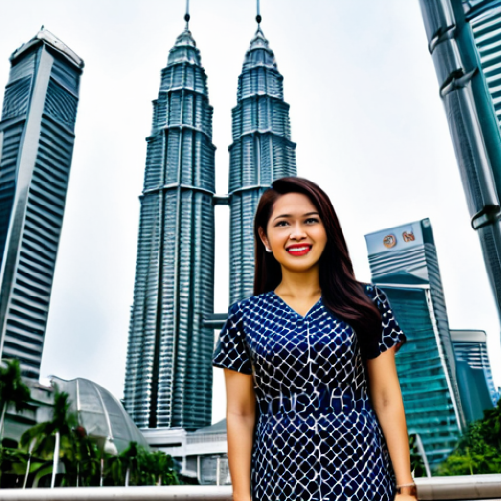 자바스크립트 성능 분석을 위한 실시간 모니터링 도구 - A professional Malaysian businesswoman in a modern batik dress, standing in front of the Petronas Tw...