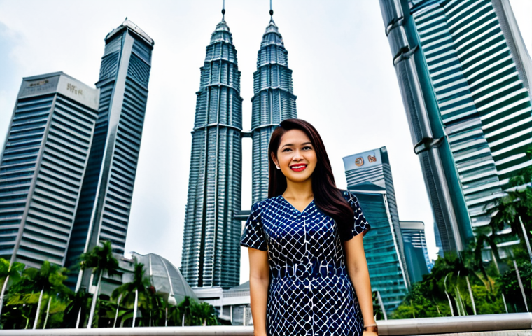 자바스크립트 성능 분석을 위한 실시간 모니터링 도구 - A professional Malaysian businesswoman in a modern batik dress, standing in front of the Petronas Tw...