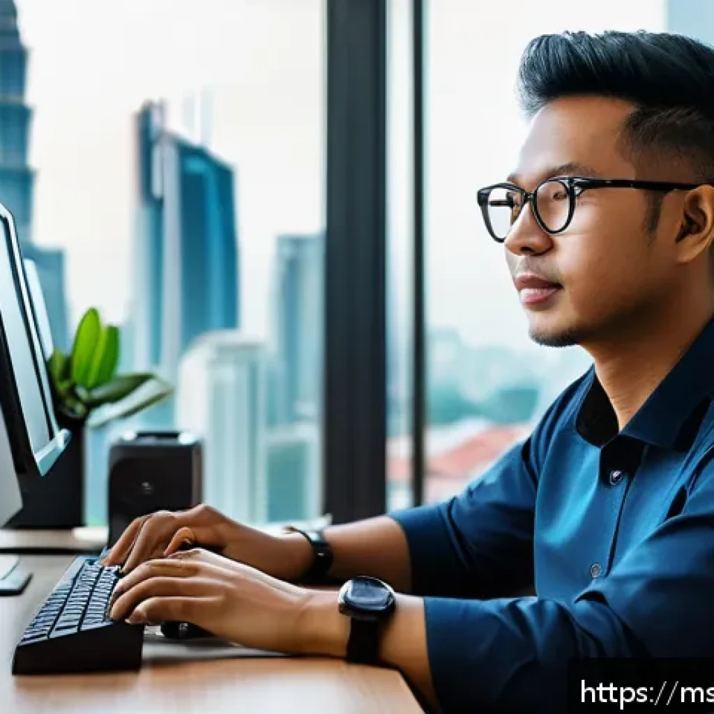 자바스크립트 성능 최적화를 위한 리팩토링 기법 - A modern workspace scene showing a Malaysian software developer at a sleek desk with multiple monito...