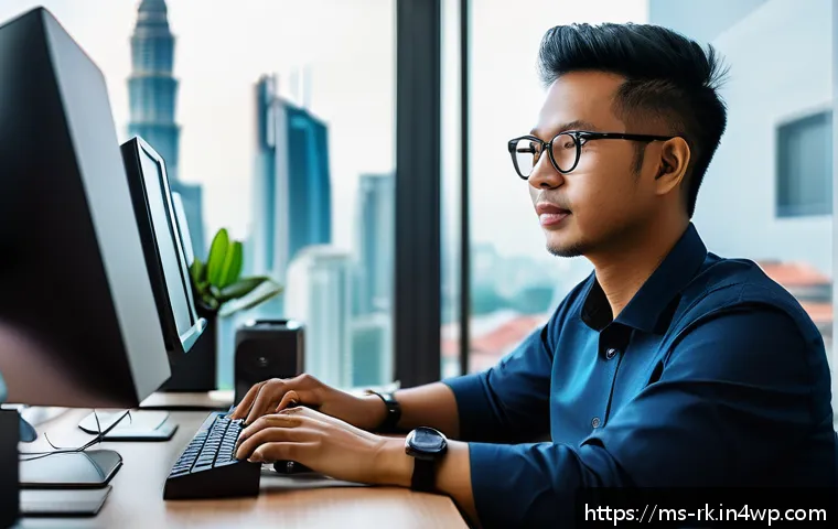 자바스크립트 성능 최적화를 위한 리팩토링 기법 - A modern workspace scene showing a Malaysian software developer at a sleek desk with multiple monito...