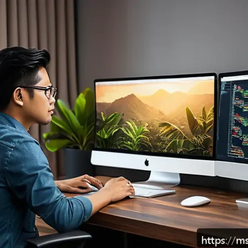 Home 33 자바스크립트 성능 향상 실시간 데이터 업데이트 최적화 - A modern Malaysian software developer in a sleek, minimalist home office, focused on optimizing Java...