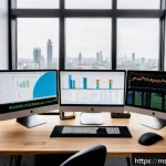 Home 19 자바스크립트 성능 최적화를 위한 도구 소개 - A modern web developer workspace with multiple monitors displaying JavaScript performance analysis t...