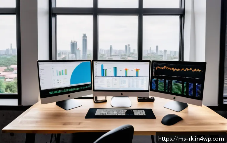 자바스크립트 성능 최적화를 위한 도구 소개 - A modern web developer workspace with multiple monitors displaying JavaScript performance analysis t...